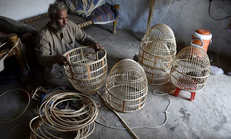 A man makes a birdcage on the outskirts of northwest Pakistan's Peshawar on Feb. 20, 2022.Photo:Xinhua