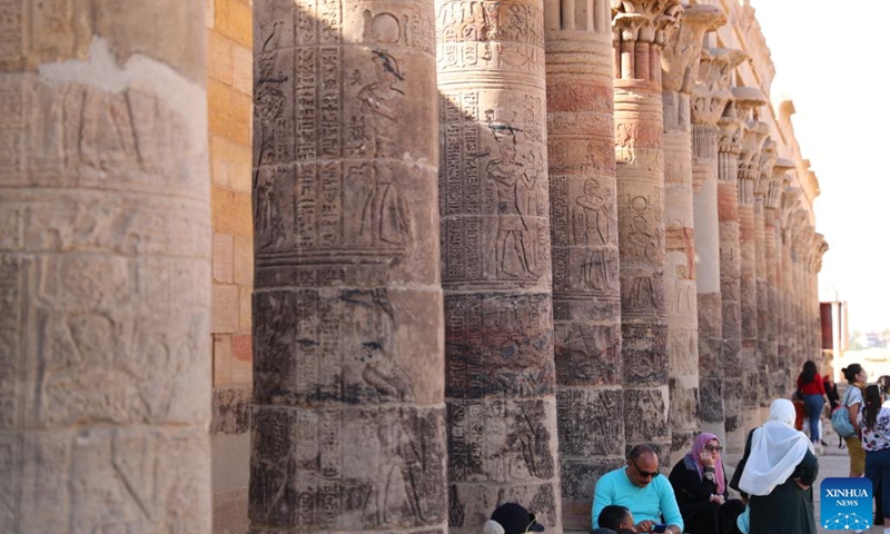 Tourists visit the Philae temple complex in Aswan, Egypt, on Feb. 21, 2022. The Philae temple complex, one of the most popular tourist destinations in Aswan, is entering tourist season.(Photo: Xinhua)