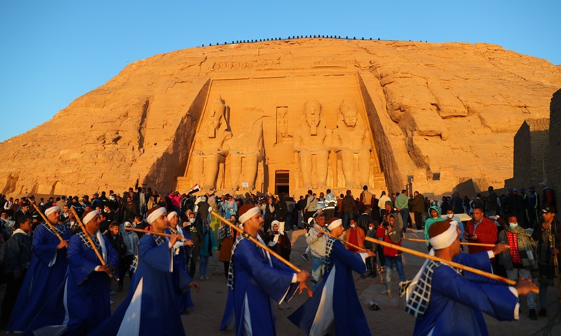 People perform to celebrate the Sun Festival at the Great Temple of Abu Simbel in Aswan, Egypt, Feb. 22, 2022.(Photo: Xinhua)