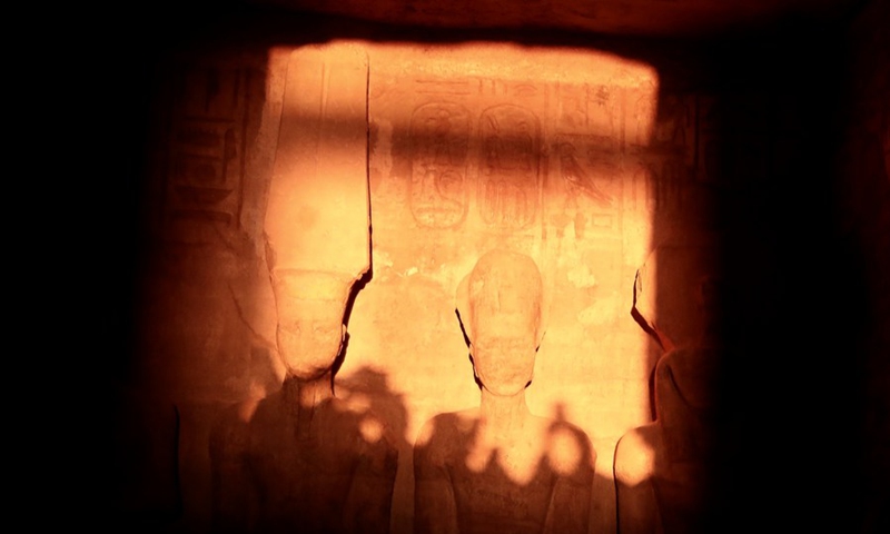 Sculptures of the Great Temple of Abu Simbel are illuminated by a ray of sunlight during the Sun Festival in Aswan, Egypt, Feb. 22, 2022. (Photo: Xinhua)