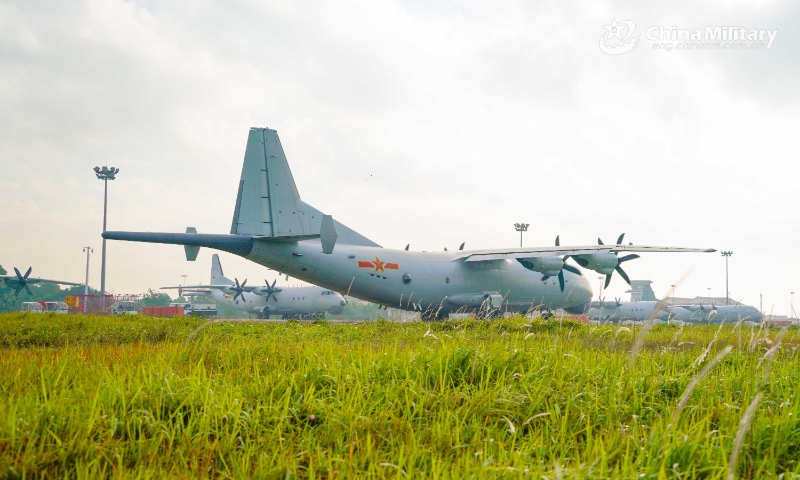 An anti-submarine patrol aircraft attached to a naval aviation regiment under the PLA Southern Theater Command taxis along the runway to the refueling pits after completing a recent anti-submarine flight training mission. (eng.chinamil.com.cn/Photo by Qin Qianjiang)