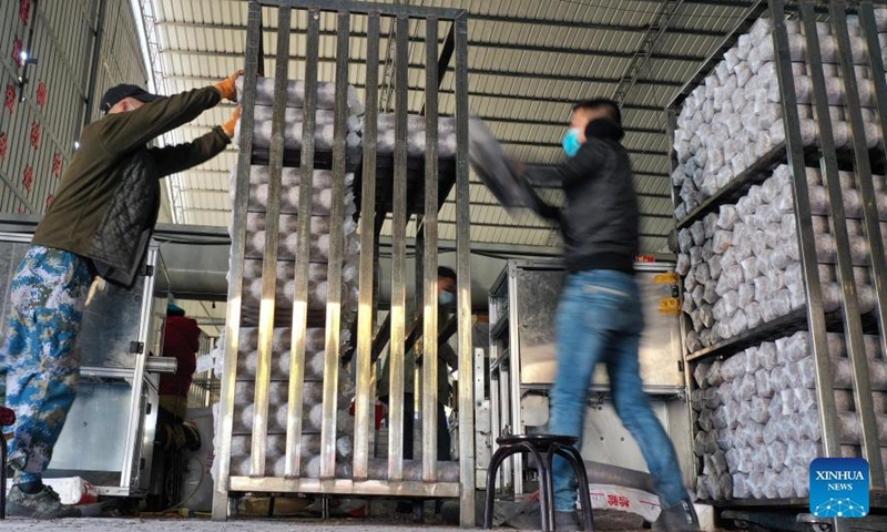 Workers produce edible fungi growing kits at an agricultural sci-tech company in Wuguanyi Township of Liuba County in Hanzhong, northwest China's Shaanxi Province, Feb 24, 2022.Photo:Xinhua