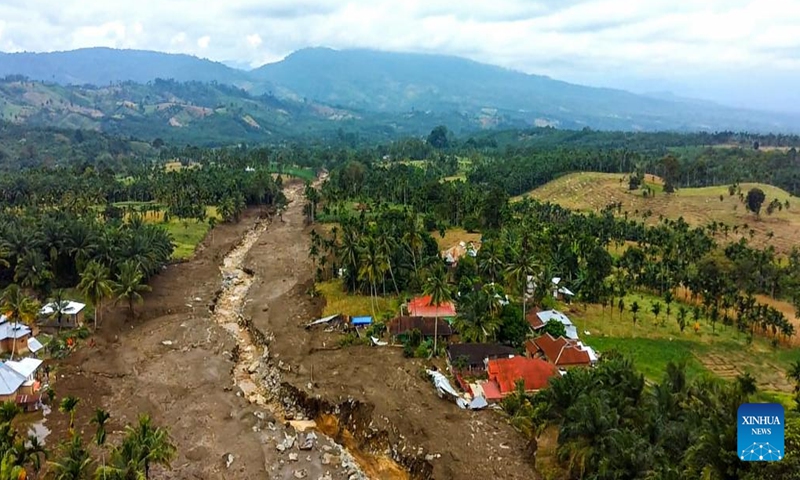 An aerial photo released by District Disaster Management Agency (BPBD) Limapuluh Kota shows mud caused by landslides after a 6.1 magnitude quake in Pasaman Barat, West Sumatra, Indonesia, Feb. 27, 2022. (BPBD Limapuluh Kota/Handout via Xinhua)