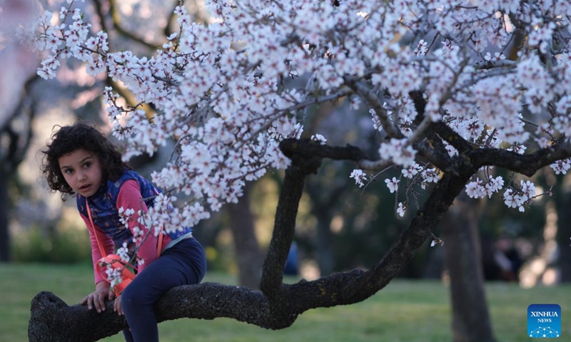 A child plays at a park in Madrid, Spain, Feb. 22, 2022.(Photo: Xinhua)