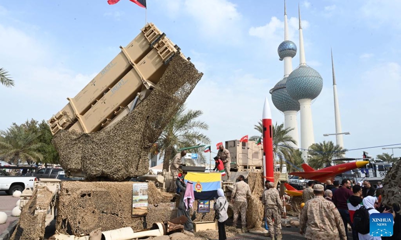 Military vehicles and equipment are seen at a show during celebrations of Kuwait's National and Liberation Days in Kuwait City, Kuwait, on Feb. 25, 2022. Celebrations were held on Friday to mark Kuwait's National and Liberation Days, which are observed annually on Feb. 25 and Feb. 26.(Photo: Xinhua)