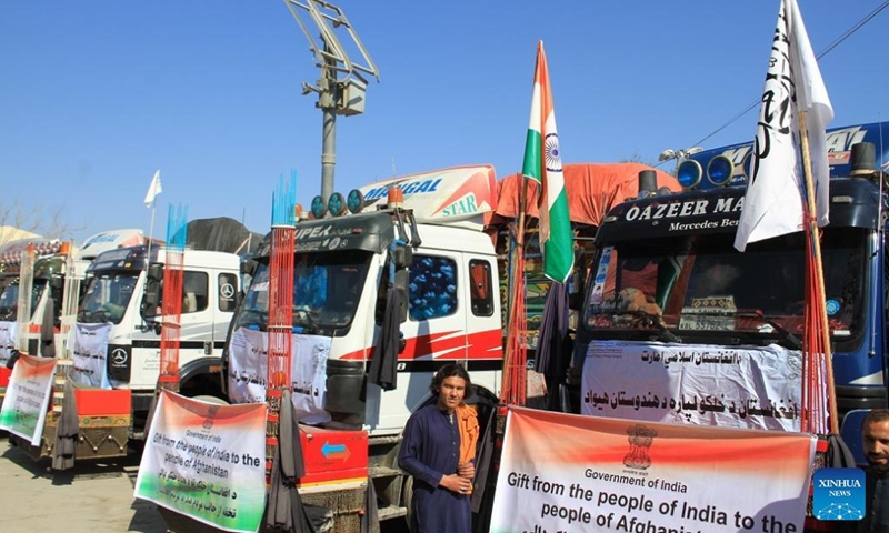 Trucks loaded with humanitarian aid donated by India arrive in Torkham dry port of Nangarhar province, Afghanistan, Feb. 26, 2022.Photo:Xinhua