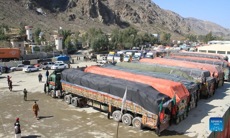 Trucks loaded with humanitarian aid donated by India arrive in Torkham dry port of Nangarhar province, Afghanistan, Feb. 26, 2022.Photo:Xinhua