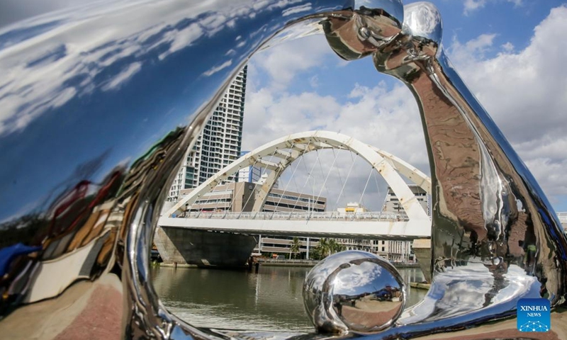 The China-funded Binondo-Intramuros Bridge is under construction in Manila, the Philippines on March 3, 2022. The Binondo-Intramuros Bridge is a steel bowstring arch bridge in Manila City that will connect the Intramuros side and Binondo side over the Pasig River.(Photo: Xinhua)