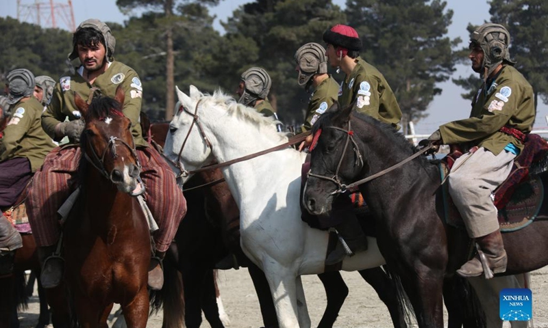 Horse riders attend a game of Buzkashi, or goat grabbing in English, in Kabul, capital of Afghanistan, Feb 27, 2022.Photo:Xinhua