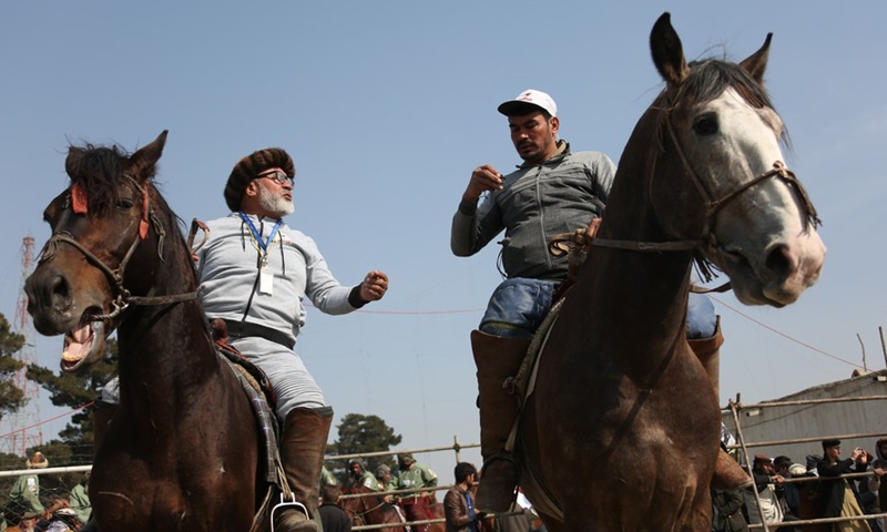 Horse riders attend a game of Buzkashi, or goat grabbing, in Kabul, capital of Afghanistan, Feb. 27, 2022.Photo:Xinhua