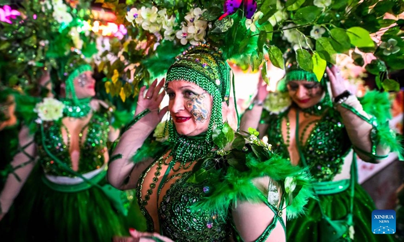 Costumed revelers perform during the great evening carnival on the streets of Strumica, North Macedonia, March 5, 2022.Photo:Xinhua