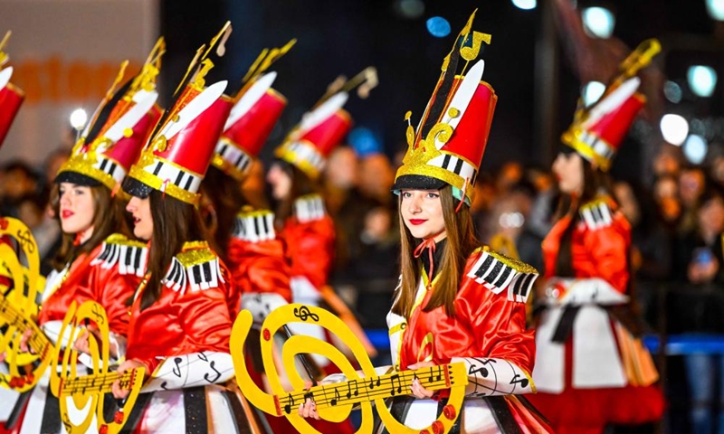 Costumed revelers perform during the great evening carnival on the streets of Strumica, North Macedonia, March 5, 2022.Photo:Xinhua