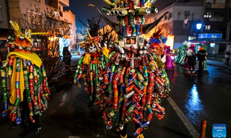 Costumed revelers perform during the great evening carnival on the streets of Strumica, North Macedonia, March 5, 2022.Photo:Xinhua