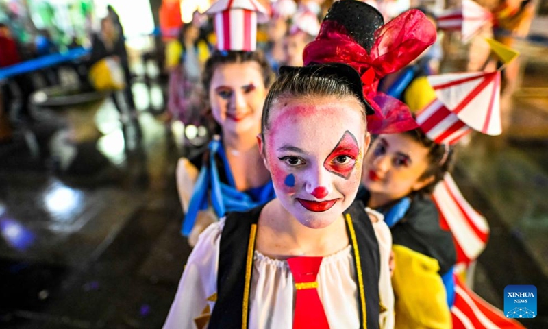 Costumed revelers perform during the great evening carnival on the streets of Strumica, North Macedonia, March 5, 2022.Photo:Xinhua