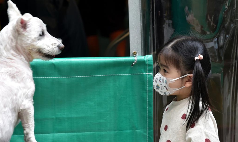 A girl wearing a face mask plays with a dog in south China's Hong Kong, March 6, 2022.Photo:Xinhua