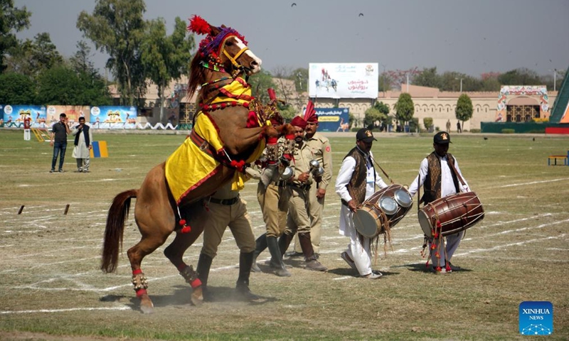 A horse dances to the beats of drums during a horse and cattle show in Lahore, Pakistan on March 11, 2022.Photo:Xinhua