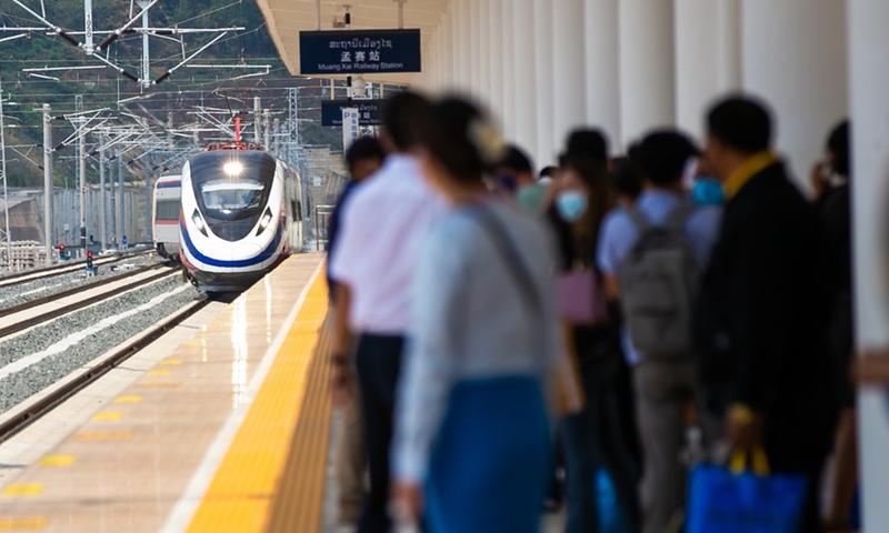 Passengers wait for their train at the China-Laos Railway's Muangxay Station in Muangxay, northern Laos, March 11, 2022.Photo:Xinhua