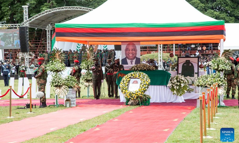 The casket of former Zambian President Rupiah Banda is seen during a state funeral in Lusaka, Zambia, on March 17, 2022.(Photo: Xinhua)