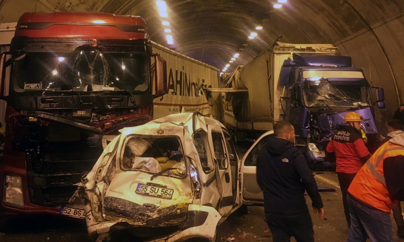 The traffic accident scene in Mount Bolu Tunnel on the Ankara-Istanbul motorway in northwestern Turkey, on March 19, 2022.Photo:Xinhua