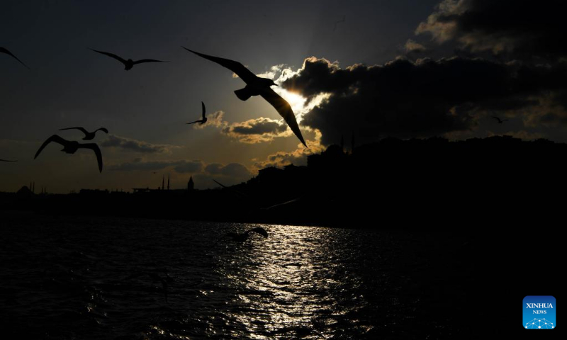 Photo taken on March 22, 2022 shows a sunset view in Istanbul, Turkey. (Xinhua/Shadati)