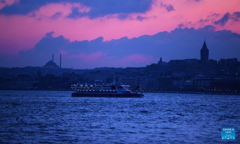 Photo taken on March 22, 2022 shows a sunset view in Istanbul, Turkey. (Xinhua/Shadati)