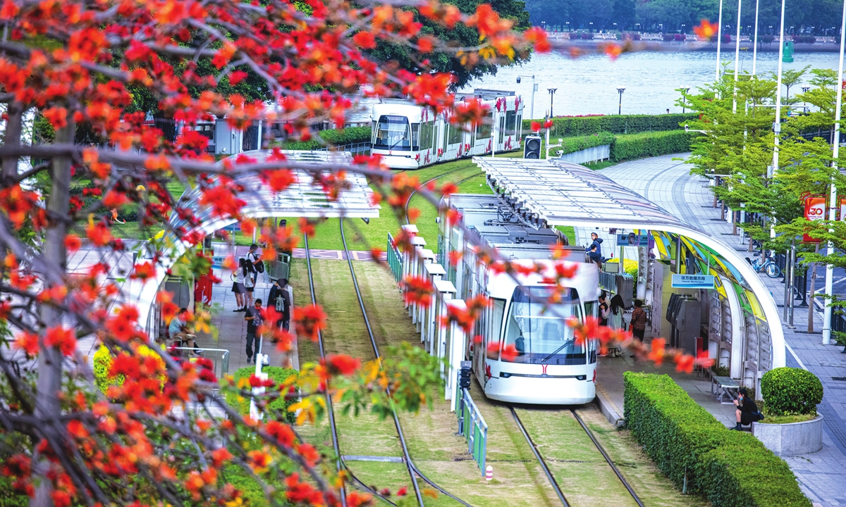 A tram moves slowly past kapok trees in Haizhu District, Guangzhou, South China's Guangdong Province, allowing passengers to feel the beauty of spring on March 20, 2022. Photo: IC