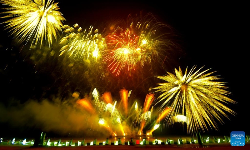 Fireworks light up during the inauguration ceremony of the China-funded 1,320 MW ultra-supercritical coal-fired power plant in Patuakhali, Bangladesh, March 21, 2022. Bangladesh has moved to a new era by attaining 100 percent electricity coverage in the country with the inauguration of the first China-funded eco-friendly mega power plant at Payra in Patuakhali district, some 204 km south of the capital Dhaka.(Photo: Xinhua)