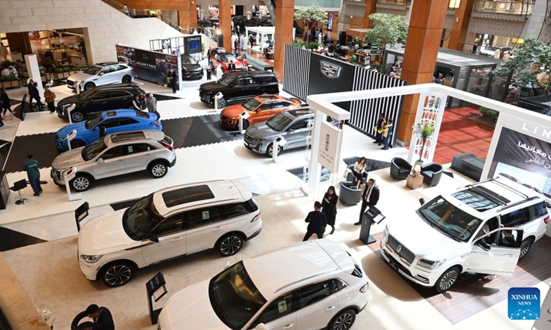 Photo taken on March 23, 2022 shows a motor show in Hawalli Governorate, Kuwait. The Kuwait Motor Show 2022, which will last until April 1, opened in Hawalli Governorate on Wednesday.(Photo: Xinhua)