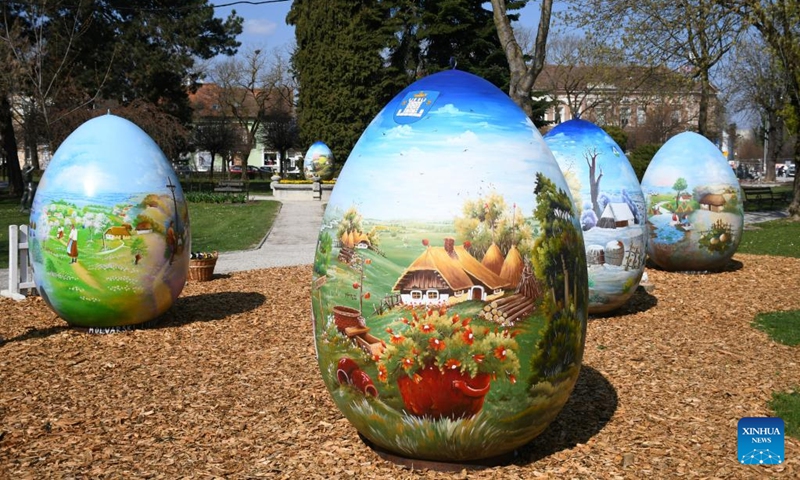 Easter eggs painted with traditional motifs are on display as the traditional pre-Easter exhibition of huge Easter eggs is opened in Koprivnica, Croatia, on April 4, 2022. (Damir Spehar/PIXSELL via Xinhua)