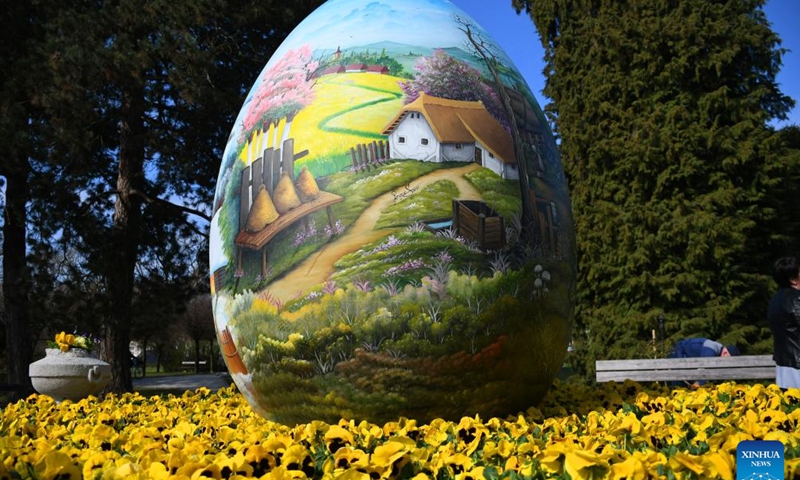 An Easter egg painted with traditional motifs is on display as the traditional pre-Easter exhibition of huge Easter eggs is opened in Koprivnica, Croatia, on April 4, 2022. (Damir Spehar/PIXSELL via Xinhua)