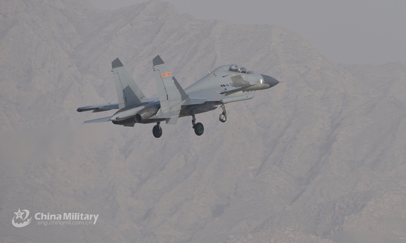 A fighter jet attached to an aviation brigade of the air force under the PLA Western Theater Command flies to a designated air space during a flight training exercise which aims to boost pilots' ability under emergency situations on March 11, 2022.(eng.chinamil.com.cn)