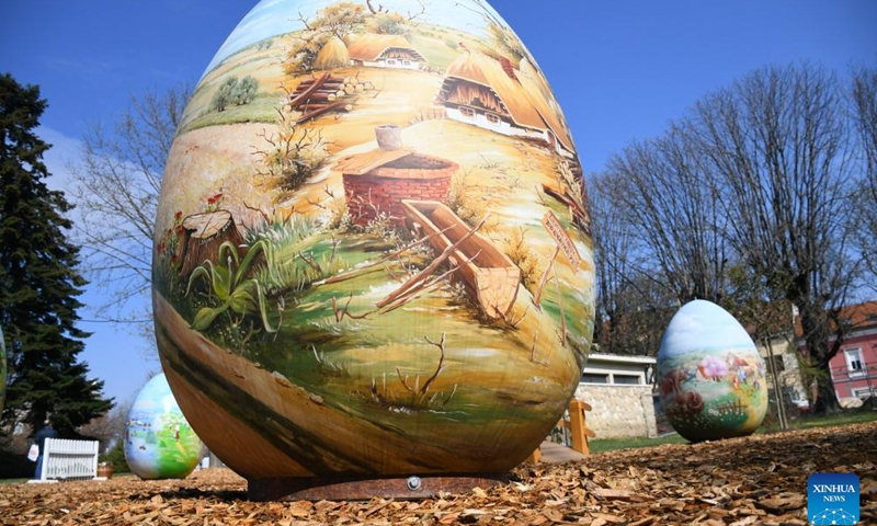 Easter eggs painted with traditional motifs are on display as the traditional pre-Easter exhibition of huge Easter eggs is opened in Koprivnica, Croatia, on April 4, 2022. (Damir Spehar/PIXSELL via Xinhua)