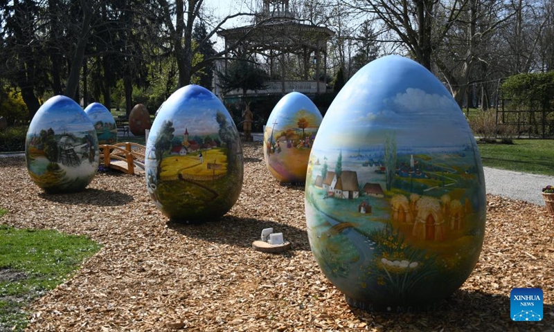 Easter eggs painted with traditional motifs are on display as the traditional pre-Easter exhibition of huge Easter eggs is opened in Koprivnica, Croatia, on April 4, 2022. (Damir Spehar/PIXSELL via Xinhua)