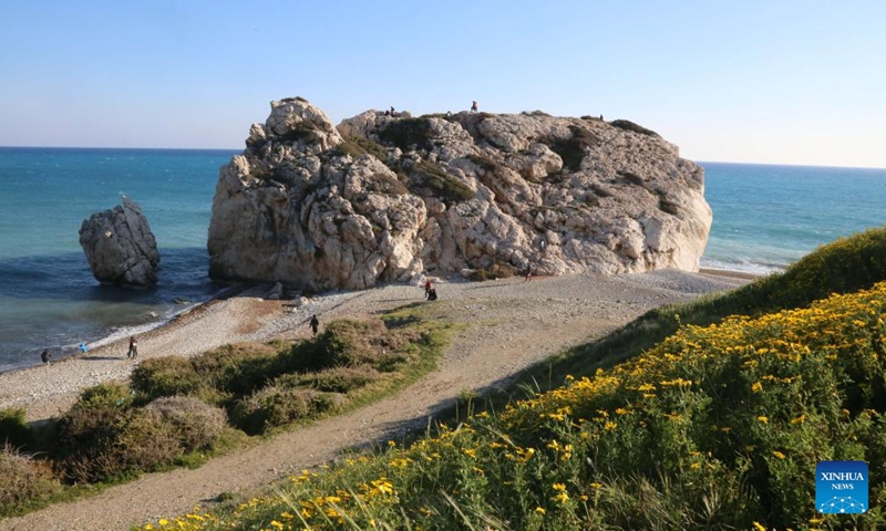 Photo taken on March 27, 2022 shows a view of Petra tou Romiou, also known as Aphrodite's Rock, in Paphos, Cyprus.Photo:Xinhua