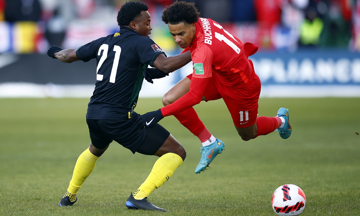 Tajon Buchanan (right) of Canada is fouled by Javain Brown of Jamaica on March 27, 2022 in Toronto, Canada. Photo: VCG