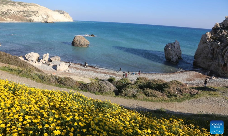 Photo taken on March 27, 2022 shows a view of Petra tou Romiou, also known as Aphrodite's Rock, in Paphos, Cyprus.Photo:Xinhua