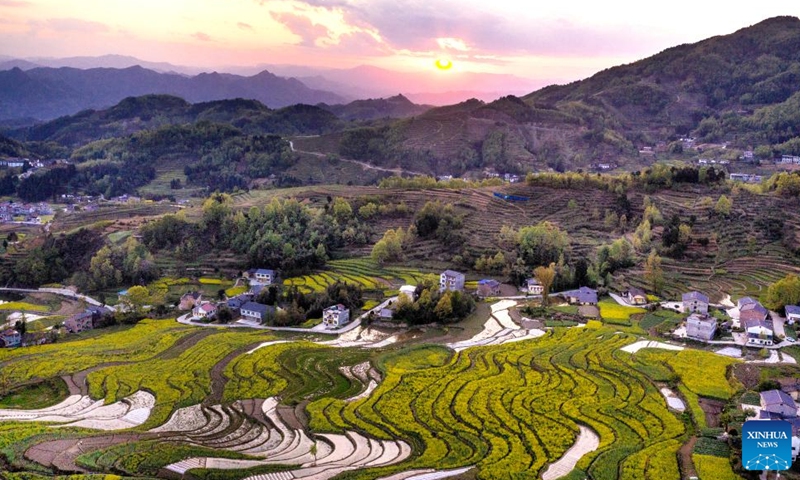 Aerial photo taken on April 3, 2022 shows the scenery of the terraced field in Ankang, northwest China's Shaanxi Province.Photo:Xinhua