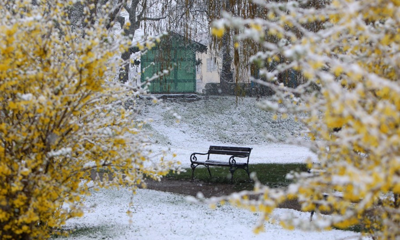 Photo taken on April 2, 2022 shows the snow scenery of a park in Karlovac, Croatia.Photo:Xinhua