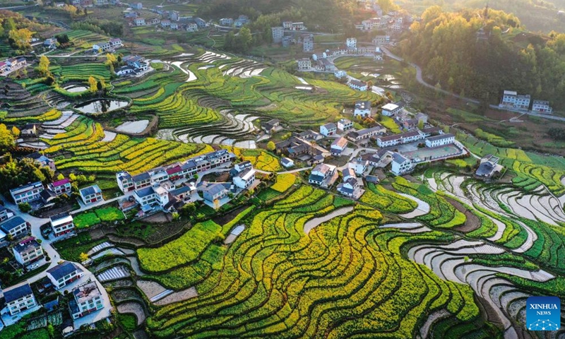 Aerial photo taken on April 3, 2022 shows the scenery of the terraced field in Ankang, northwest China's Shaanxi Province.Photo:Xinhua