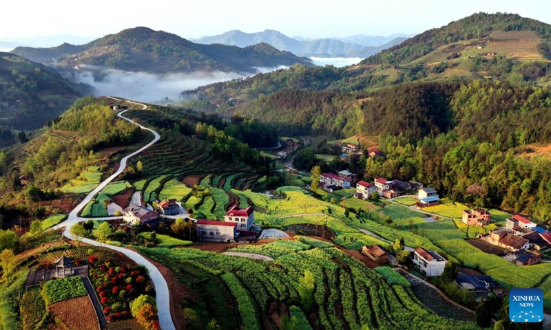 Aerial photo taken on April 3, 2022 shows the scenery of the terraced field in Ankang, northwest China's Shaanxi Province.Photo:Xinhua