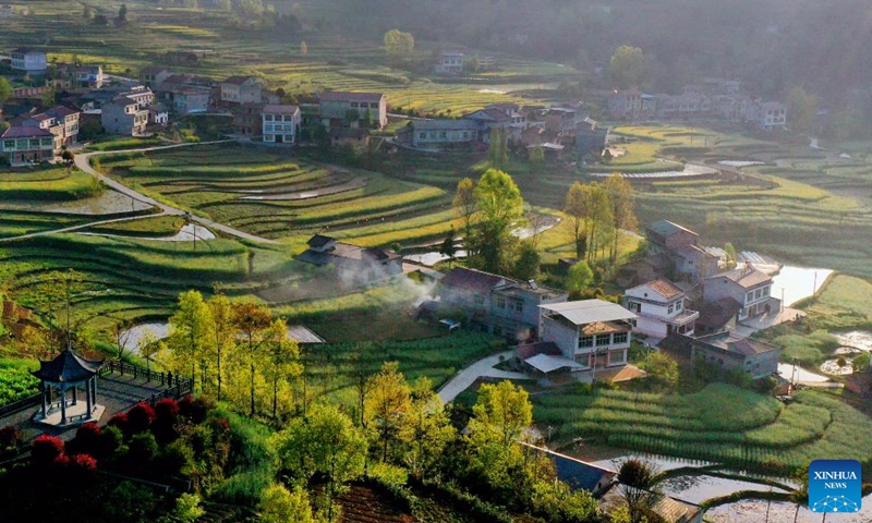 Aerial photo taken on April 3, 2022 shows the scenery of the terraced field in Ankang, northwest China's Shaanxi Province.Photo:Xinhua