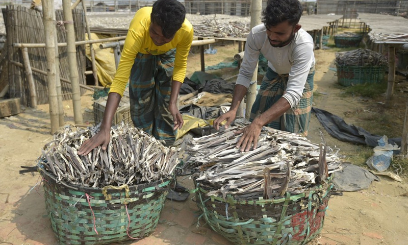 People process dried fish at an open area in Chattogram, Bangladesh on April 4, 2022.(Photo: Xinhua)