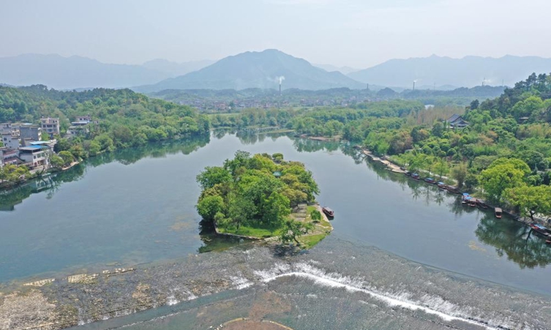 Aerial photo taken on April 9, 2022 shows Lingqu Canal in Xing'an County, south China's Guangxi Zhuang Autonomous Region. Lingqu, one of the world's oldest and most well-preserved artificial canals, was inscribed on the World Heritage Irrigation Structures in 2018.Photo:Xinhua