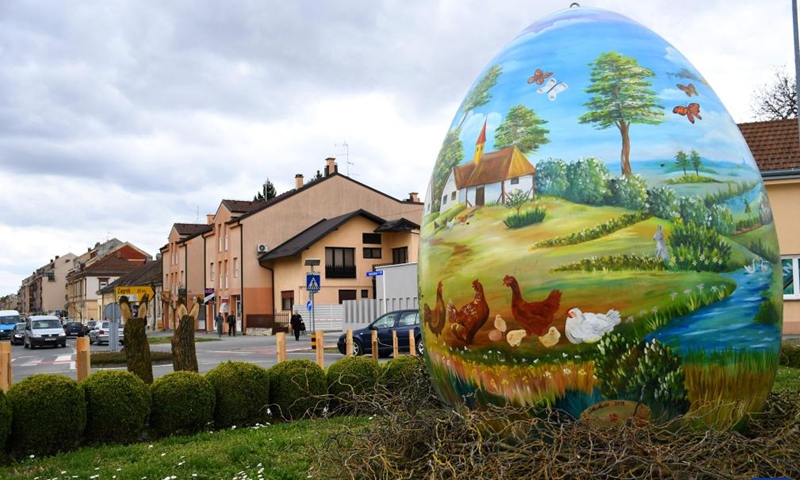 A huge Easter egg for the upcoming Easter holiday is seen in central Bjelovar, Croatia, on April 9, 2022.Photo:Xinhua