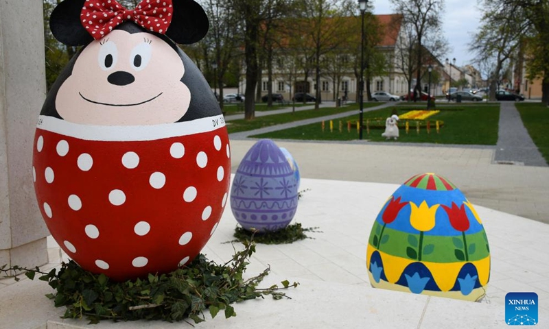 Big Easter eggs for the upcoming Easter holiday are seen in central Bjelovar, Croatia, on April 9, 2022.Photo:Xinhua