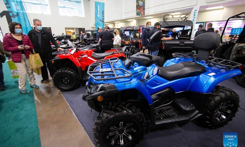 People look at ATVs during the Spring Cottage Life Show in Mississauga, the Greater Toronto Area, Canada, on April 9, 2022.Photo:Xinhua