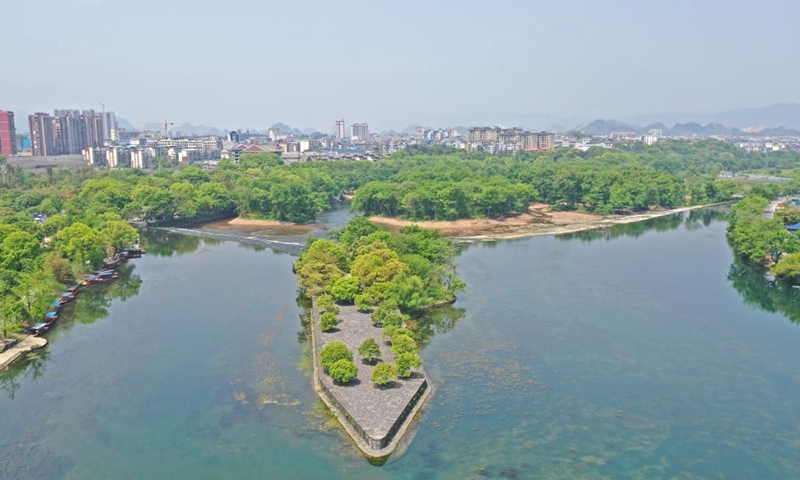 Aerial photo taken on April 9, 2022 shows Lingqu Canal in Xing'an County, south China's Guangxi Zhuang Autonomous Region. Lingqu, one of the world's oldest and most well-preserved artificial canals, was inscribed on the World Heritage Irrigation Structures in 2018.Photo:Xinhua