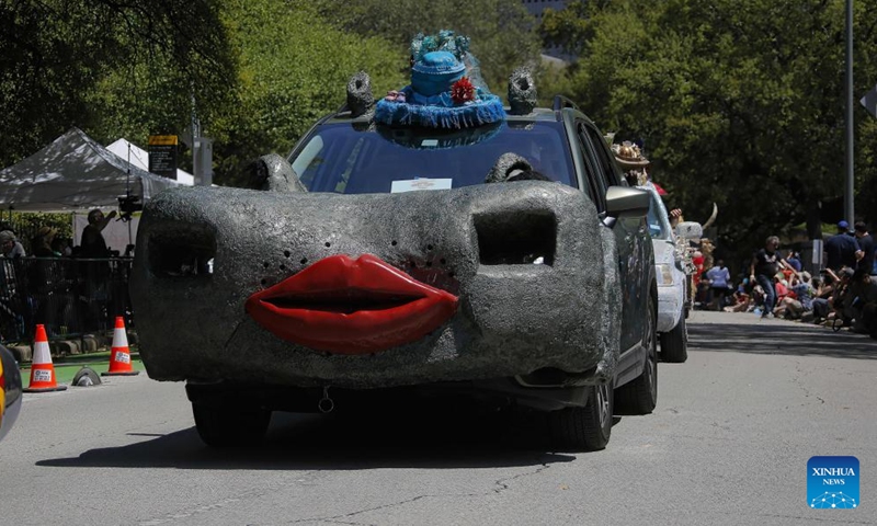 An art car is seen at the 35th Houston Art Car Parade in Houston, Texas, the United States, April 9, 2022.Photo:Xinhua