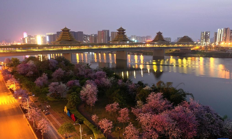 Aerial photo taken on April 10, 2022 shows the night view of Liuzhou City in south China's Guangxi Zhuang Autonomous Region.Photo:Xinhua