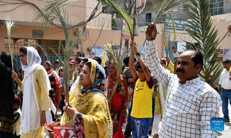 Pakistani Christians take part in Palm Sunday celebrations in Lahore, Pakistan on April 10, 2022.Photo:Xinhua